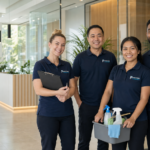 Procore team members wearing navy branded uniforms